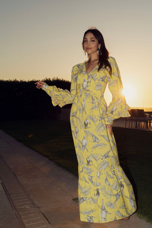 Sunbird Print Ruffle Midi Dress.
