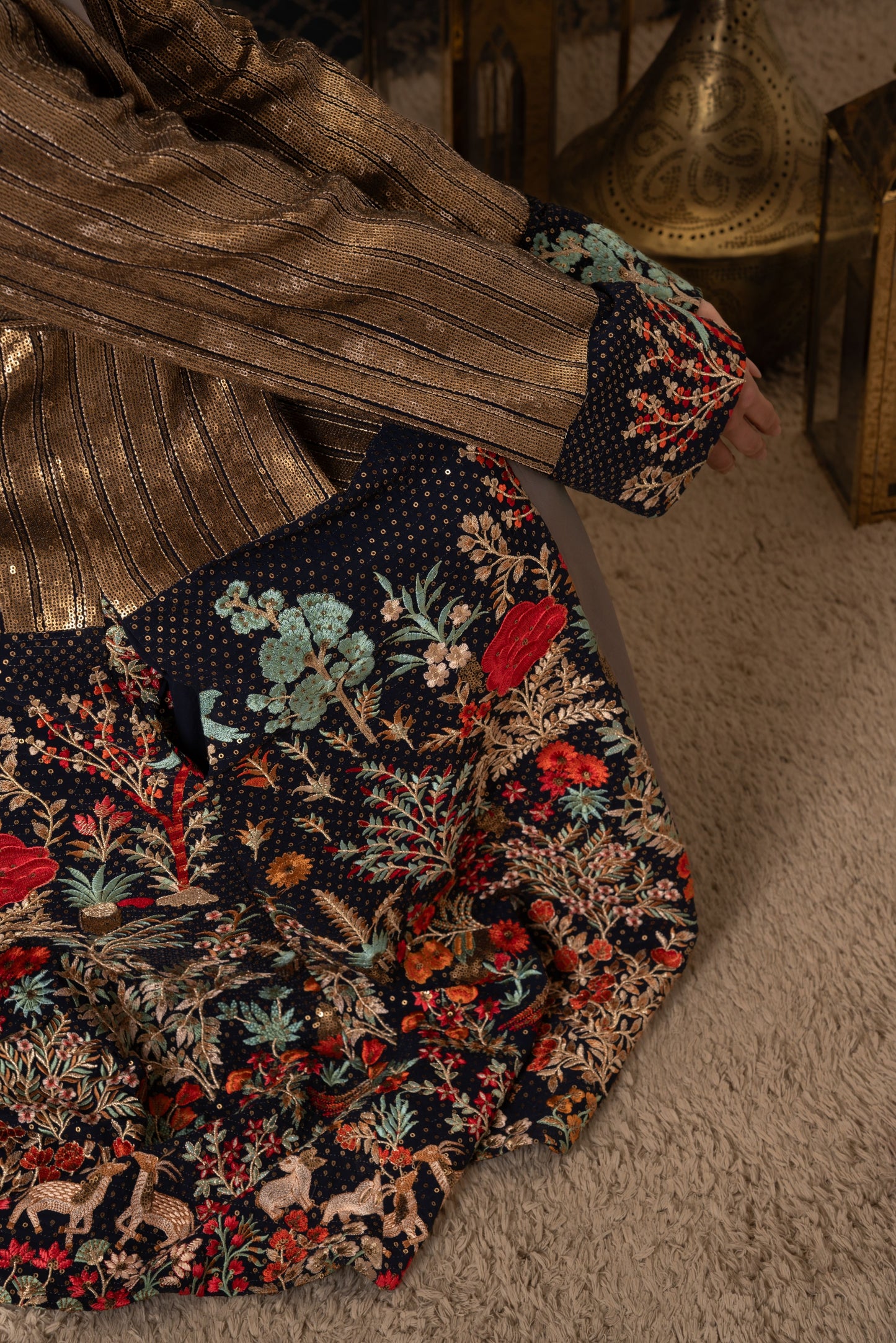 Golden Metallic Kaftan with Floral Embroidered