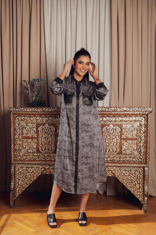 button-down dress with black leather pocket