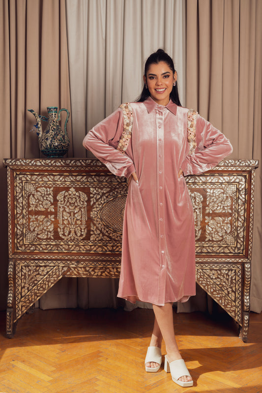 pink velvet dress with floral embroidery