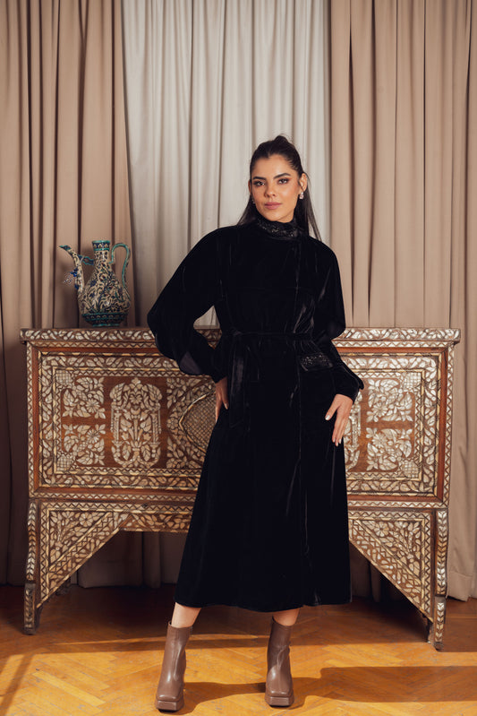 A black velvet dress with a high neckline, voluminous sleeves