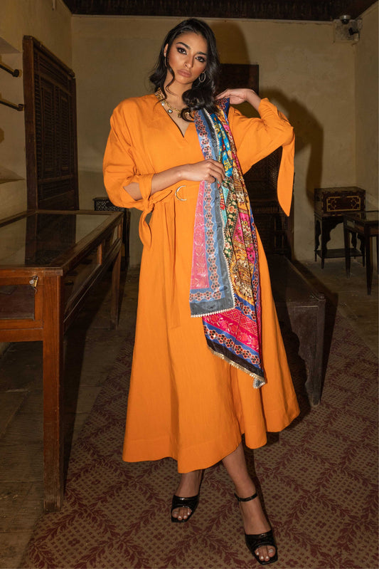 Orange Linen Tie-belt Dress