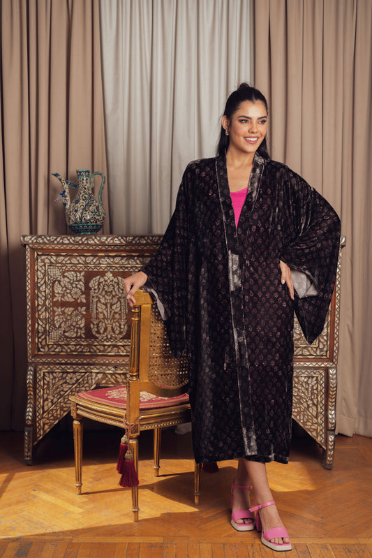 A black velvet embroidered kimono with wide sleeves