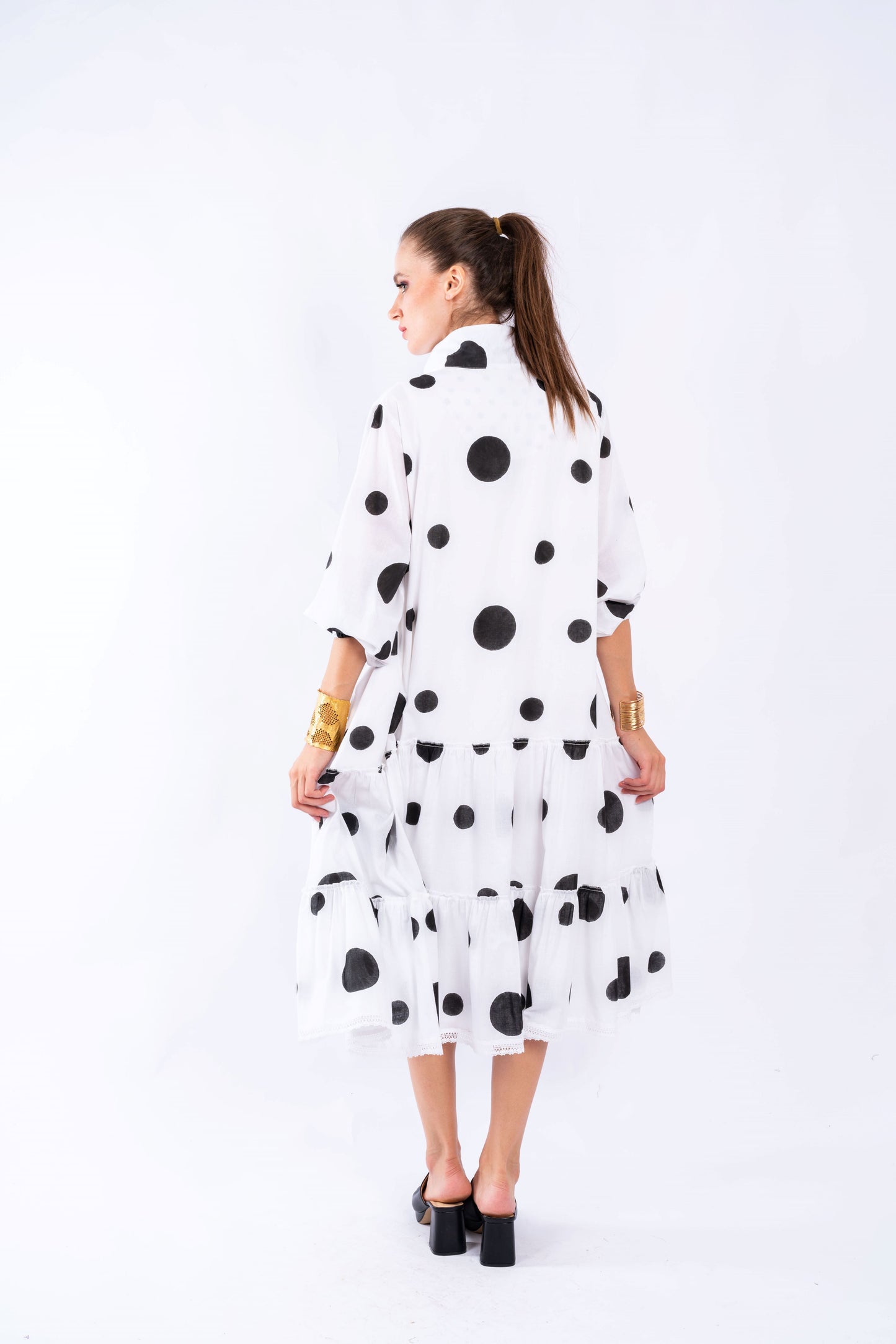 LINEN BLEND POLKA DOT MIDI DRESS