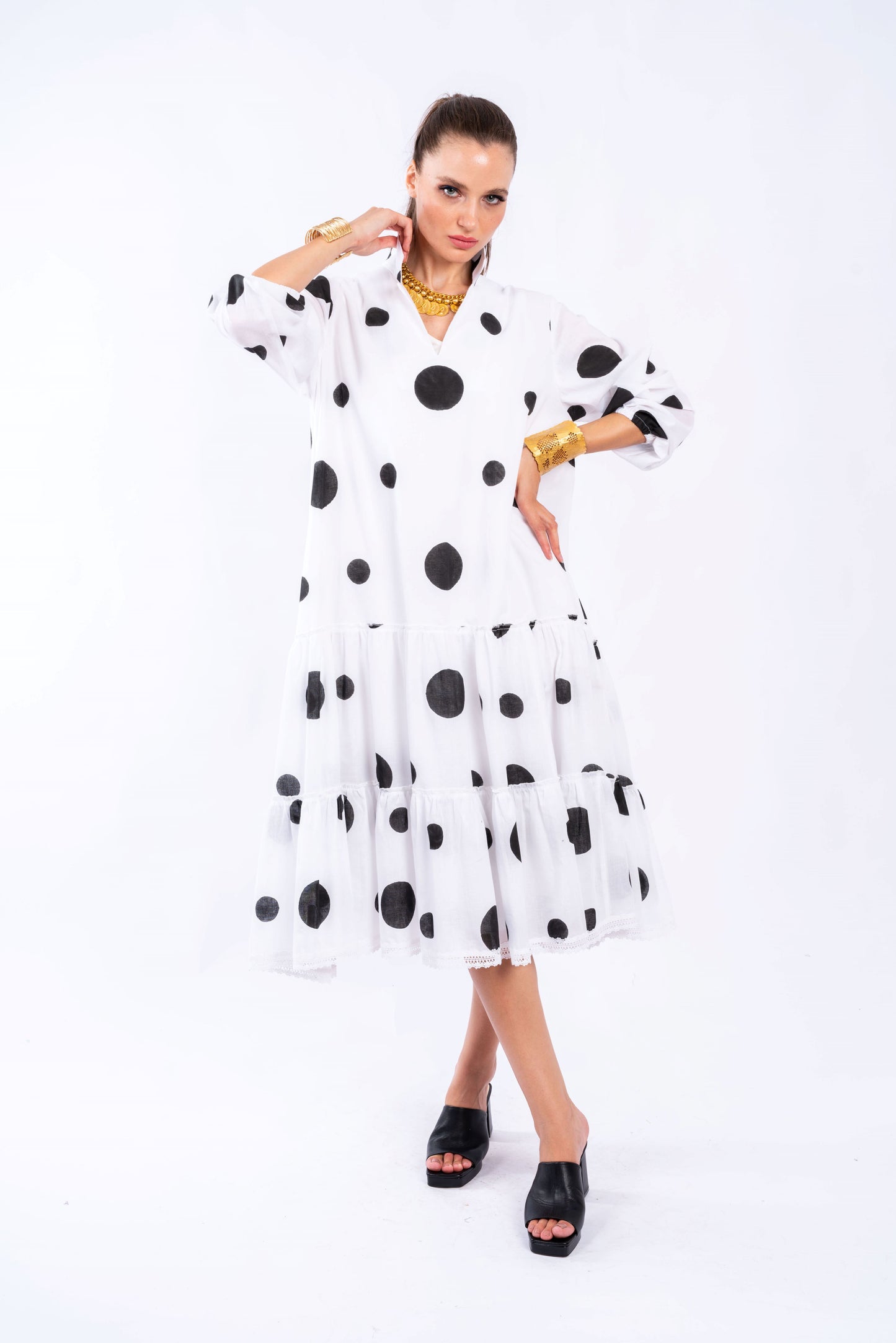 LINEN BLEND POLKA DOT MIDI DRESS