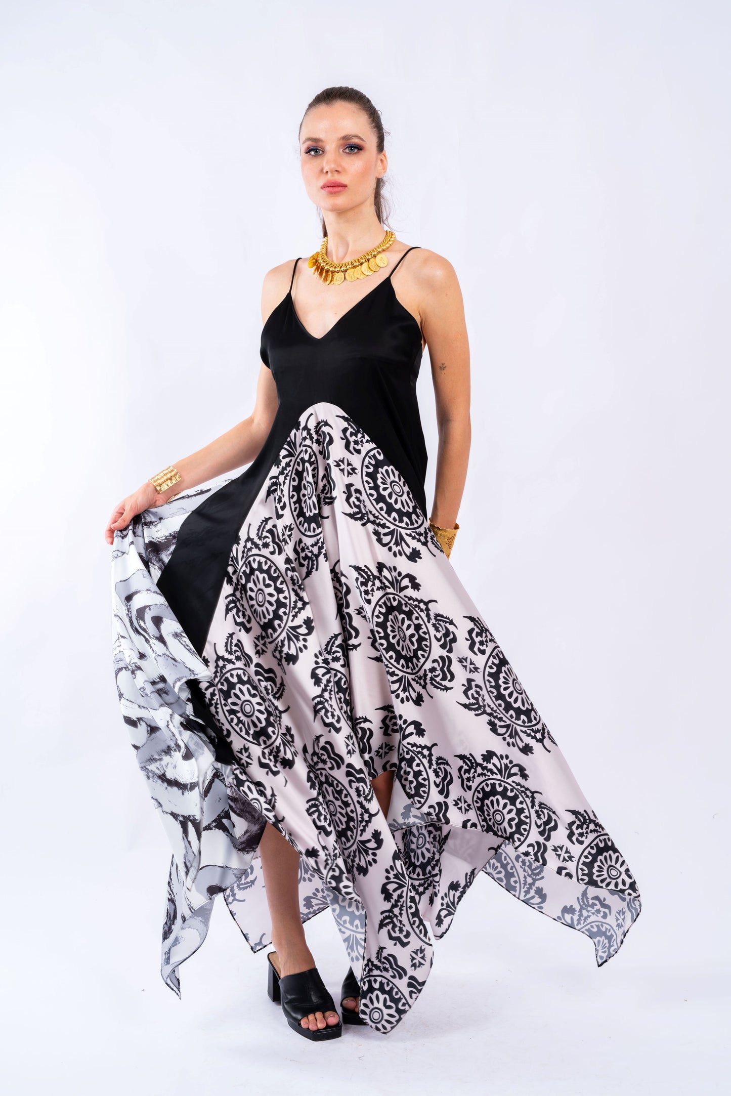 PRINTED SATIN MIDI DRESS